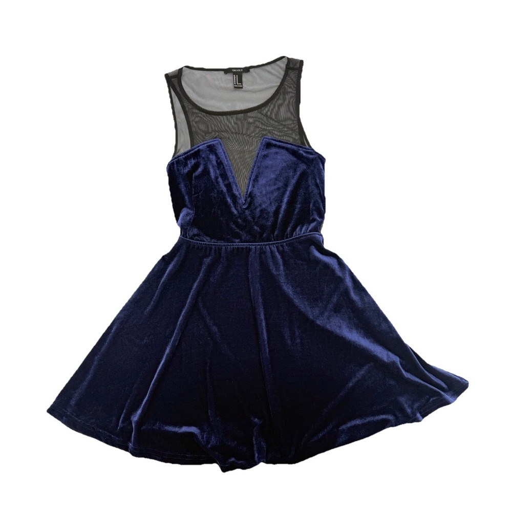 Forever 21 Blue Velvet Black Mesh Fit & Flare Dress‎ Size M Romantic Whimdigoth